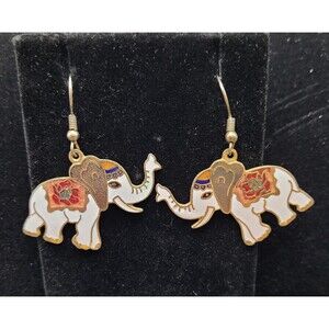 Vintage Asian Cloisonne White Enamel Indian Elephant Earrings Dangle Drop Hook